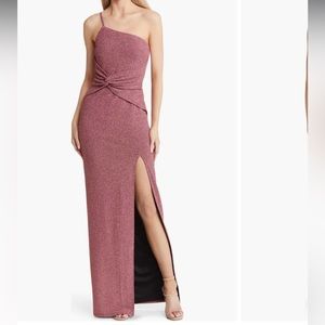 Lulus Luxe Radiance Metallic One-Shoulder Gown - XL (14) - Shiny pink with slit